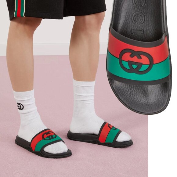 GUCCI SHOES MEN INTERLOCKING G LOGO RUBBER SLIDES w WEB STRIPE sz 9 / 9.5 - Picture 1 of 15